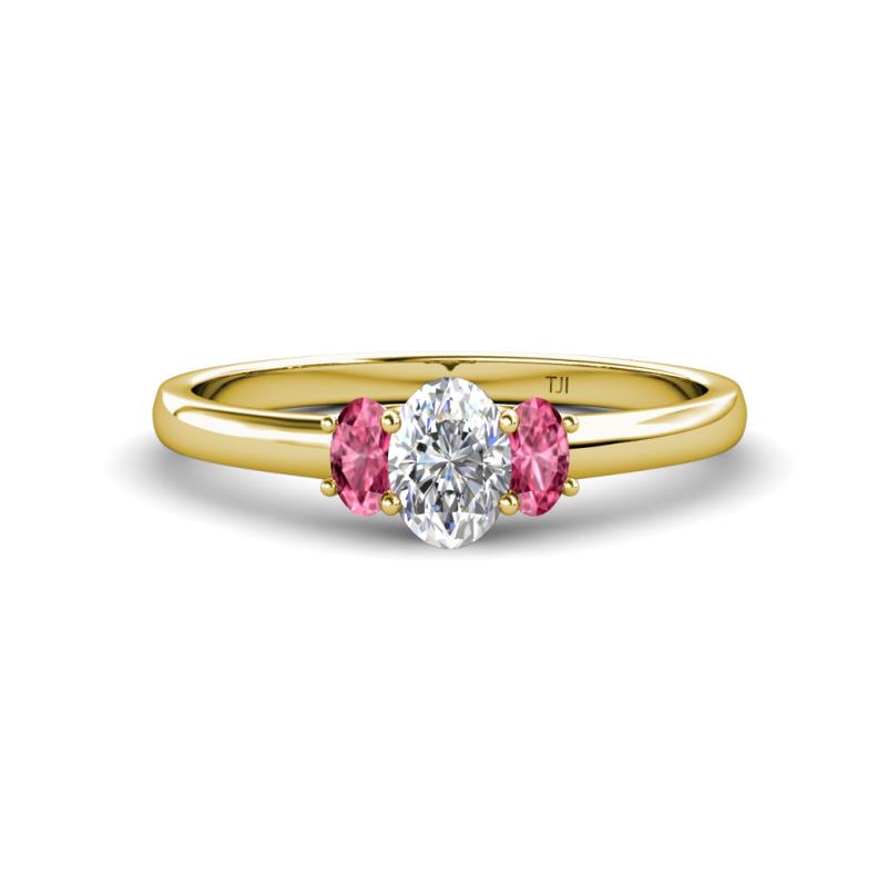 Gemma 7x5 mm Oval Cut GIA Certified Natural Diamond and Pink Tourmaline Trellis Three Stone Engagement Ring 