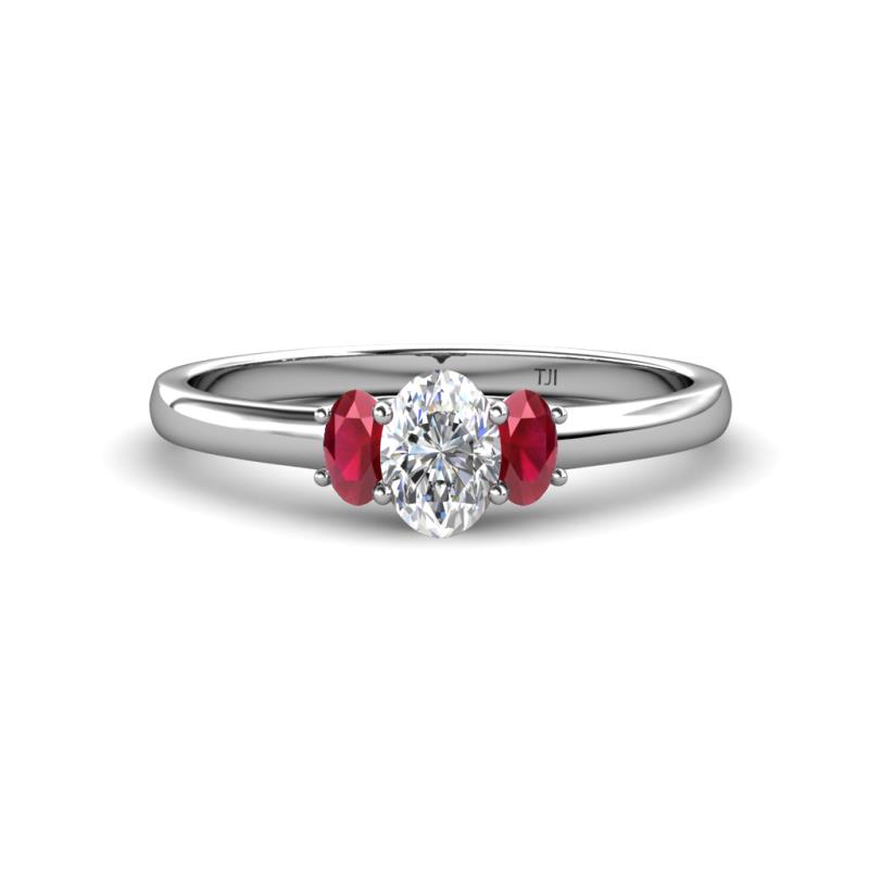 Gemma 7x5 mm Oval Cut GIA Certified Natural Diamond and Ruby Trellis Three Stone Engagement Ring 