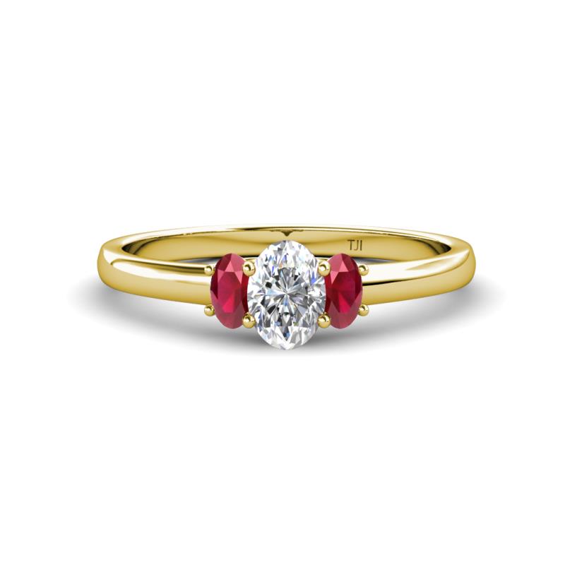 Gemma 7x5 mm Oval Cut GIA Certified Natural Diamond and Ruby Trellis Three Stone Engagement Ring 