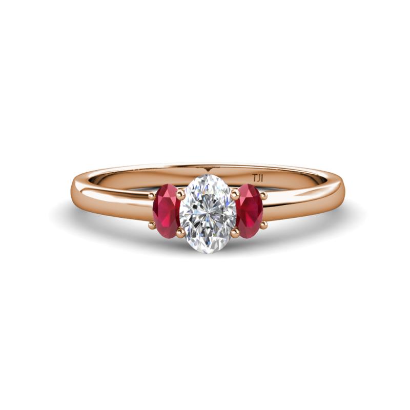 Gemma 7x5 mm Oval Cut GIA Certified Natural Diamond and Ruby Trellis Three Stone Engagement Ring 