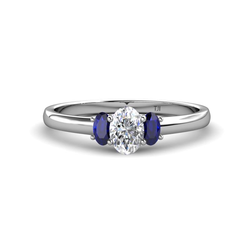 Gemma 7x5 mm Oval Cut GIA Certified Natural Diamond and Blue Sapphire Trellis Three Stone Engagement Ring 