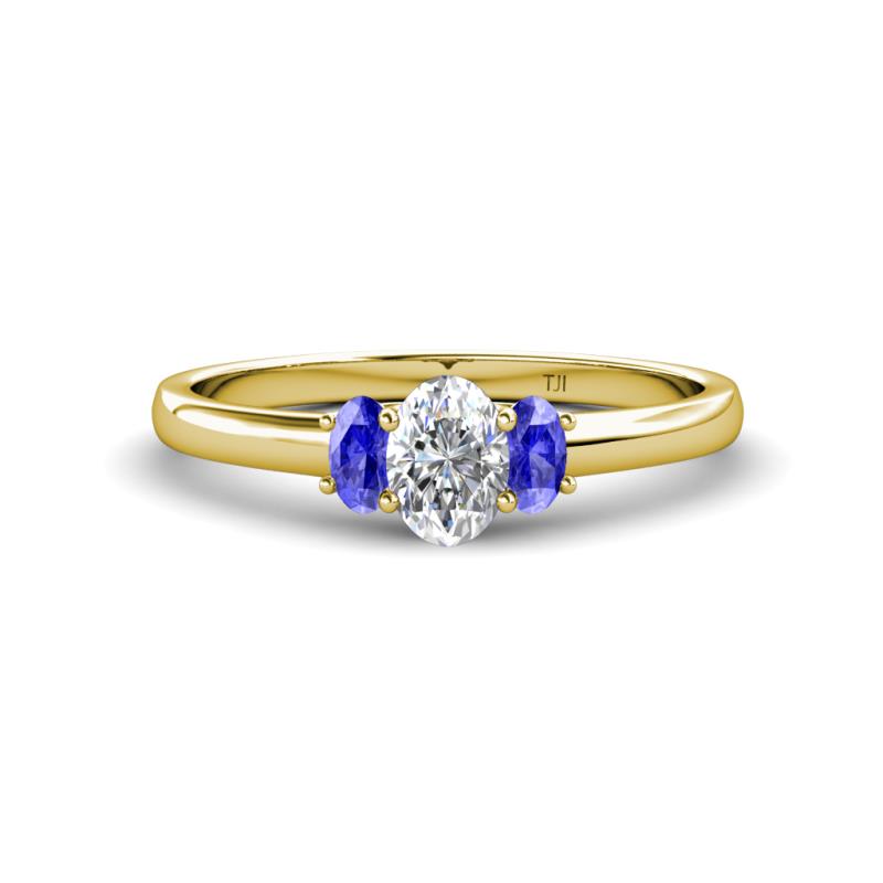 Gemma 7x5 mm Oval Cut GIA Certified Natural Diamond and Tanzanite Trellis Three Stone Engagement Ring 