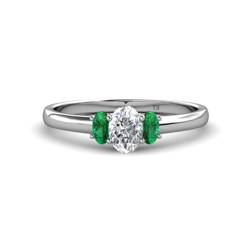 Gemma 7x5 mm Oval Cut GIA Certified Natural Diamond and Emerald Trellis Three Stone Engagement Ring 