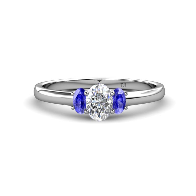 Gemma 7x5 mm Oval Cut GIA Certified Natural Diamond and Tanzanite Trellis Three Stone Engagement Ring 