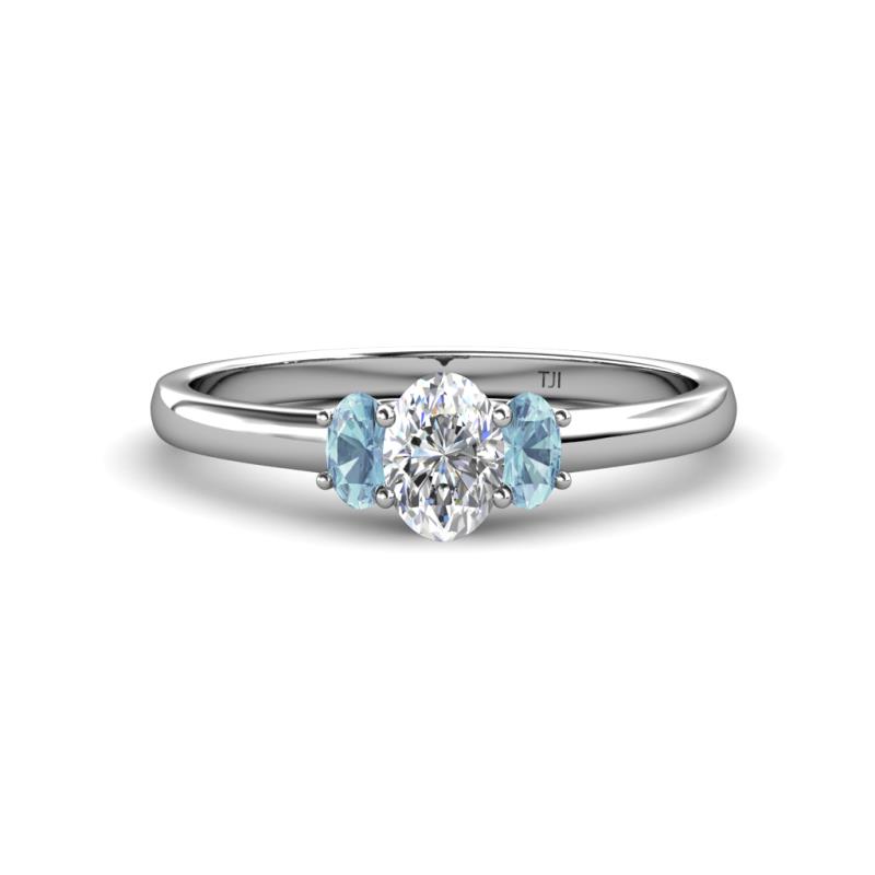 Gemma 7x5 mm Oval Cut GIA Certified Natural Diamond and Aquamarine Trellis Three Stone Engagement Ring 