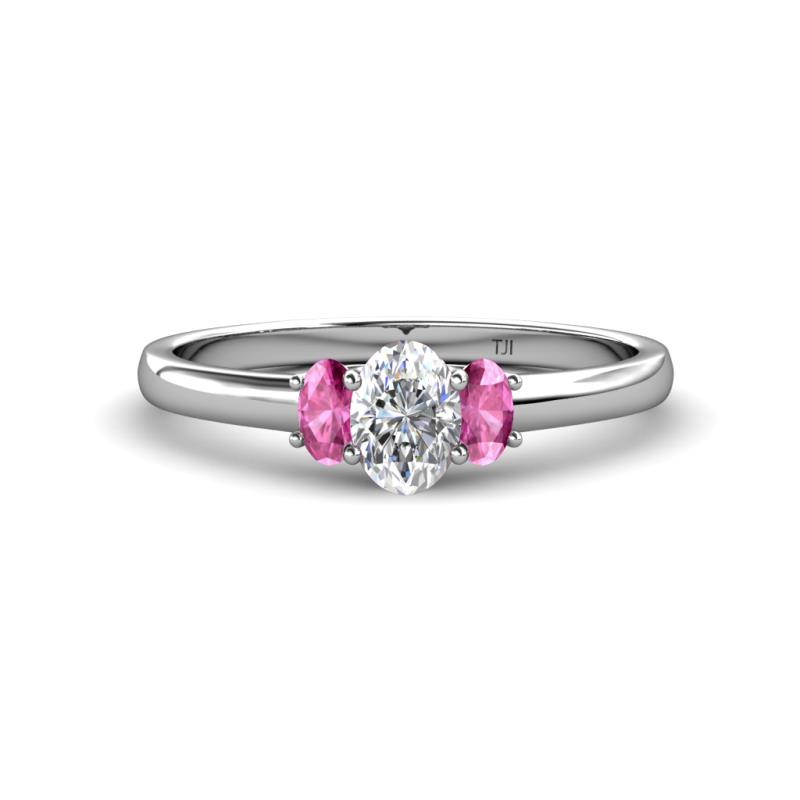 Gemma 7x5 mm Oval Cut GIA Certified Natural Diamond and Pink Sapphire Trellis Three Stone Engagement Ring 