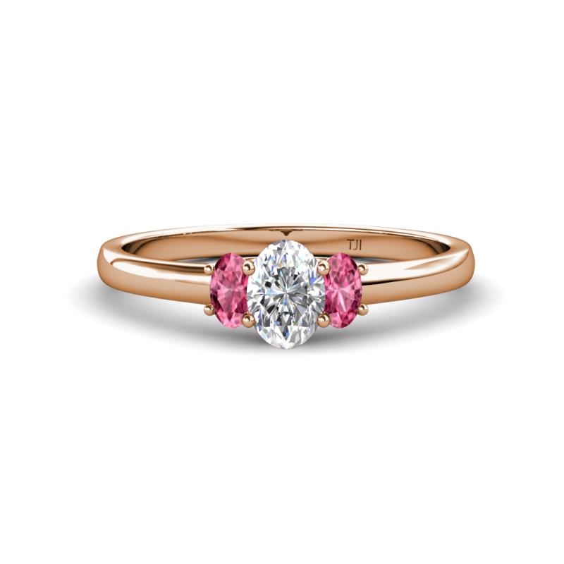 Gemma 7x5 mm Oval Cut GIA Certified Natural Diamond and Pink Tourmaline Trellis Three Stone Engagement Ring 