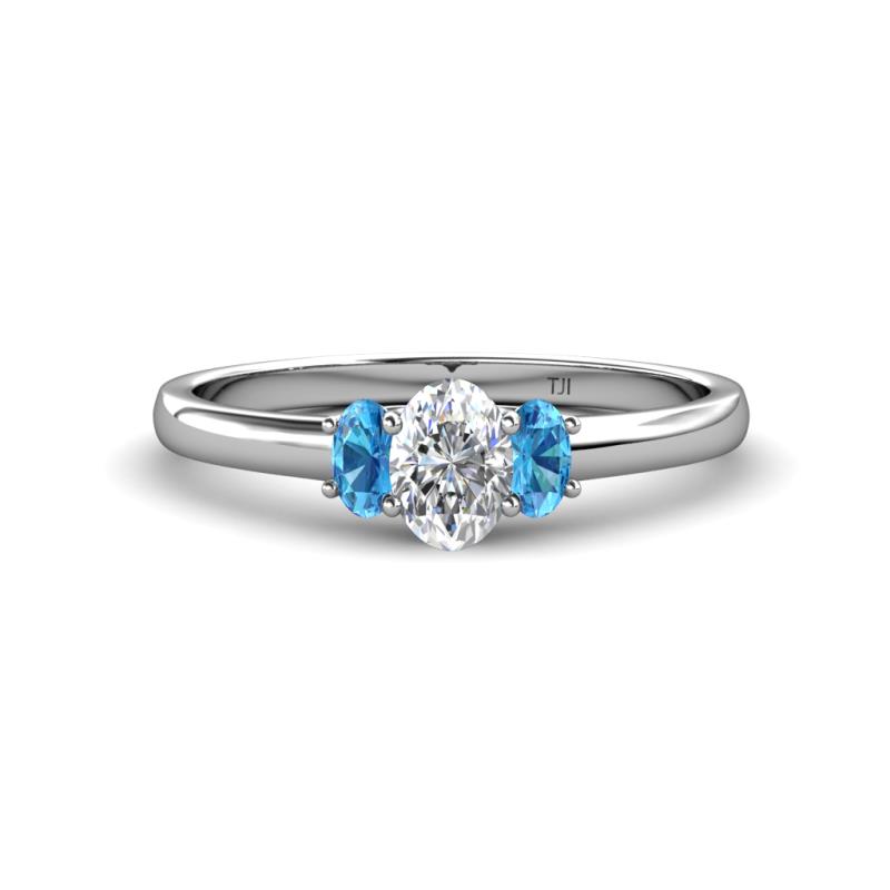 Gemma 7x5 mm Oval Cut GIA Certified Natural Diamond and Blue Topaz Trellis Three Stone Engagement Ring 