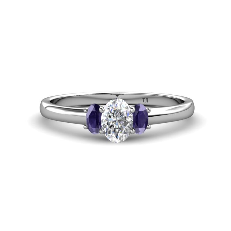 Gemma 7x5 mm Oval Cut GIA Certified Natural Diamond and Iolite Trellis Three Stone Engagement Ring 