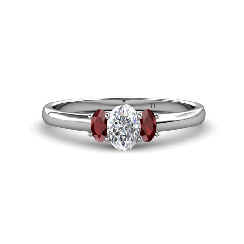 Gemma 7x5 mm Oval Cut GIA Certified Natural Diamond and Red Garnet Trellis Three Stone Engagement Ring 