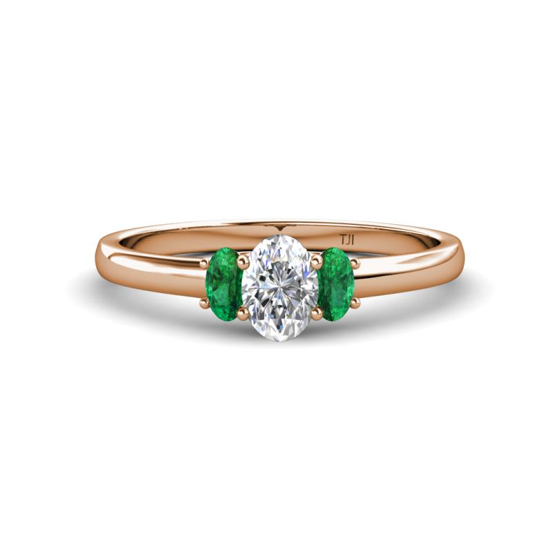 Gemma 7x5 mm Oval Cut GIA Certified Natural Diamond and Emerald Trellis Three Stone Engagement Ring 