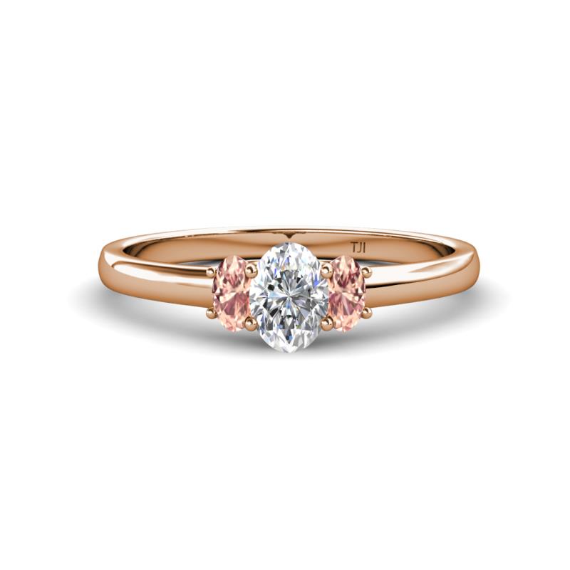 Gemma 7x5 mm Oval Cut GIA Certified Natural Diamond and Morganite Trellis Three Stone Engagement Ring 