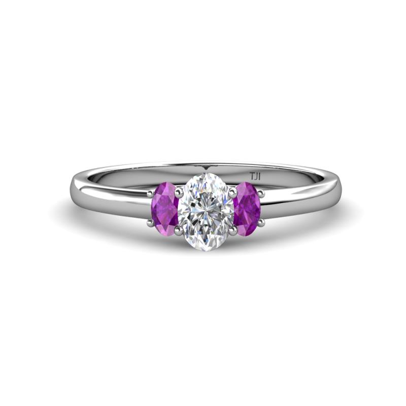 Gemma 7x5 mm Oval Cut Lab Grown Diamond and Amethyst Trellis Three Stone Engagement Ring 