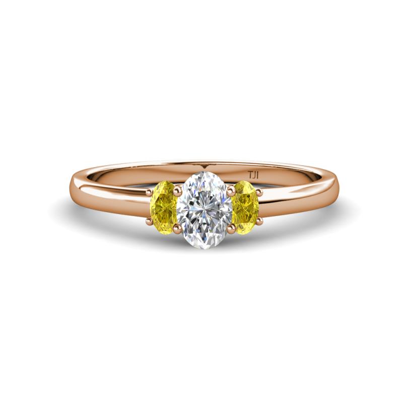 Gemma 7x5 mm Oval Cut Lab Grown Diamond and Yellow Sapphire Trellis Three Stone Engagement Ring 
