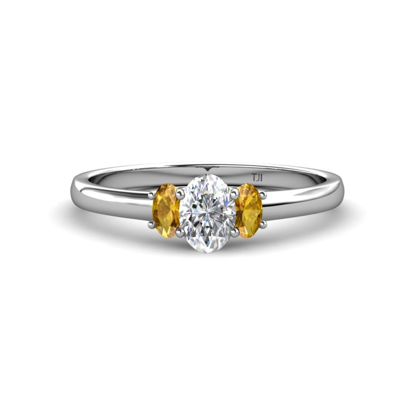 Gemma 7x5 mm Oval Cut Lab Grown Diamond and Citrine Trellis Three Stone Engagement Ring 