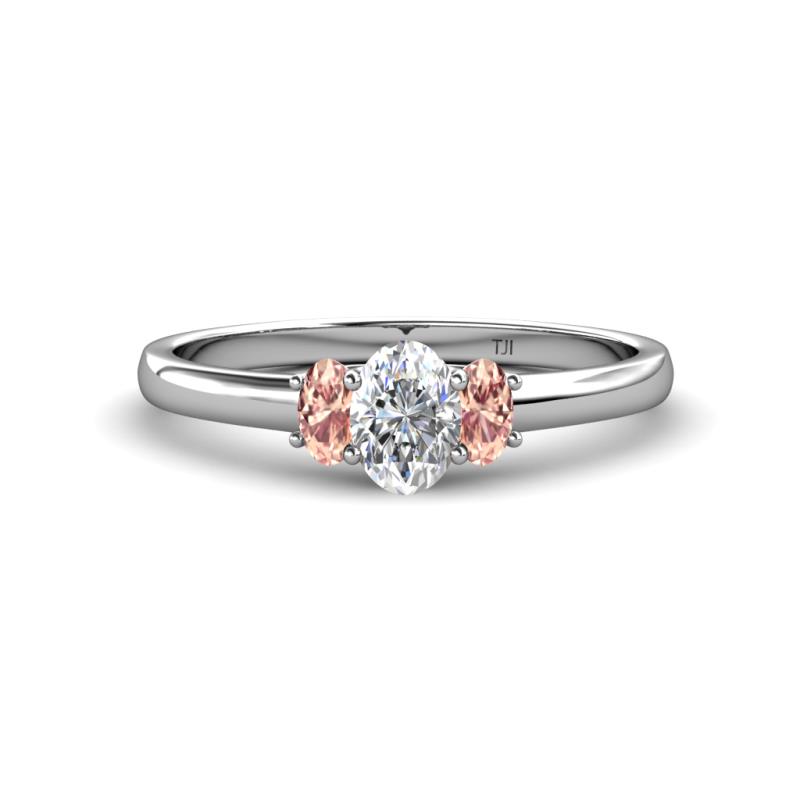 Gemma 7x5 mm Oval Cut Lab Grown Diamond and Morganite Trellis Three Stone Engagement Ring 