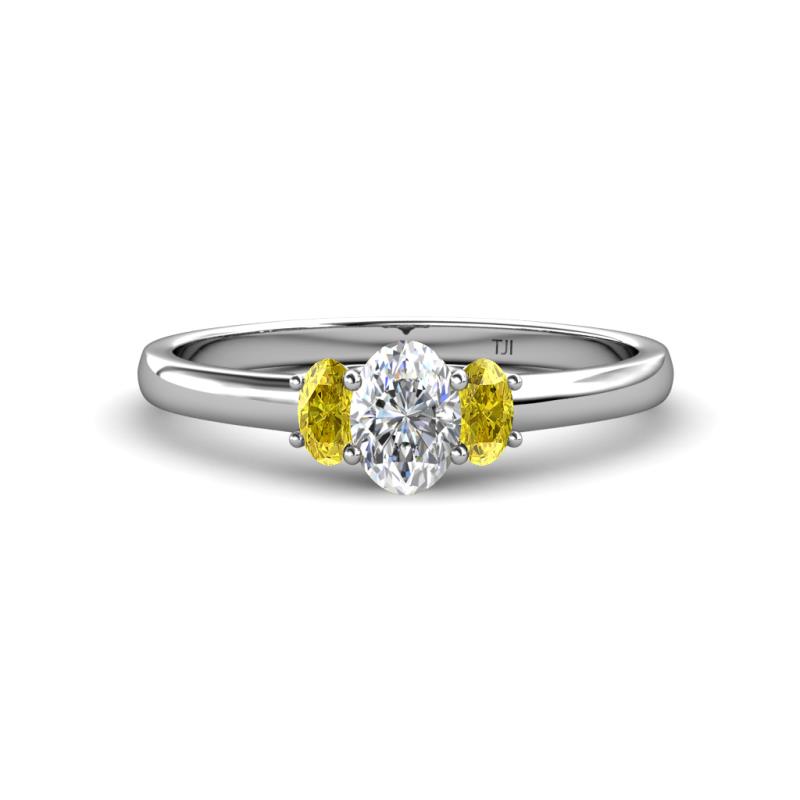 Gemma 7x5 mm Oval Cut Lab Grown Diamond and Yellow Sapphire Trellis Three Stone Engagement Ring 