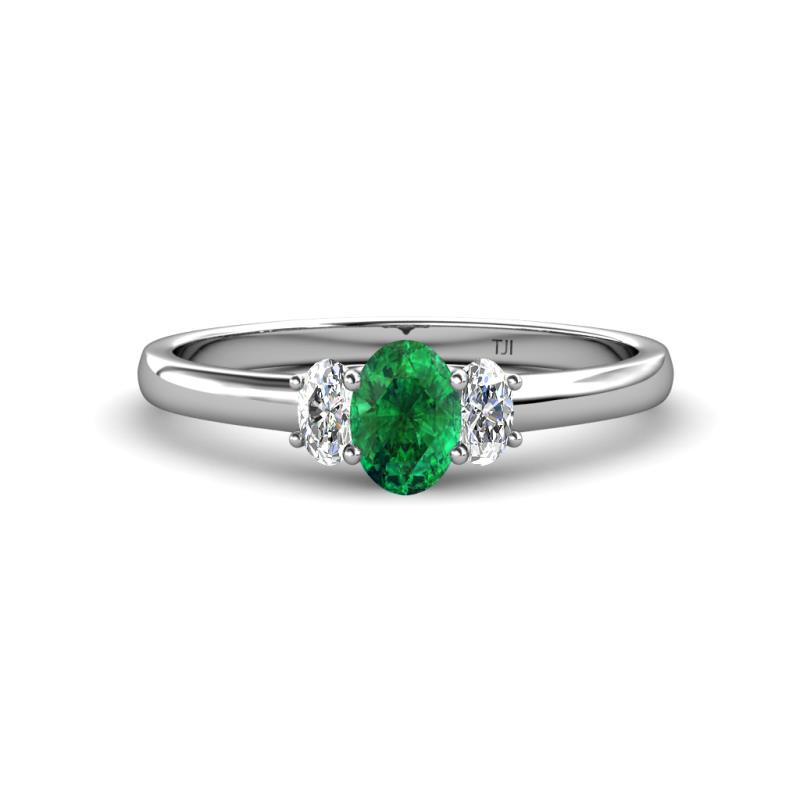Gemma 7x5 mm Oval Cut Emerald and Lab Grown Diamond Trellis Three Stone Engagement Ring 