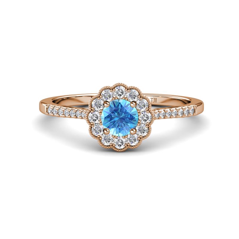 Caline Desire Round Blue Topaz and Diamond Floral Halo Engagement Ring 