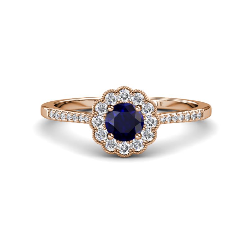 Caline Desire Round Blue Sapphire and Diamond Floral Halo Engagement Ring 