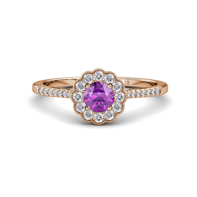 Caline Desire Round Amethyst and Diamond Floral Halo Engagement Ring 
