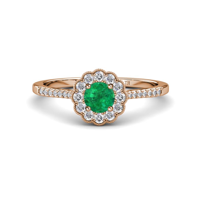 Caline Desire Round Emerald and Diamond Floral Halo Engagement Ring 