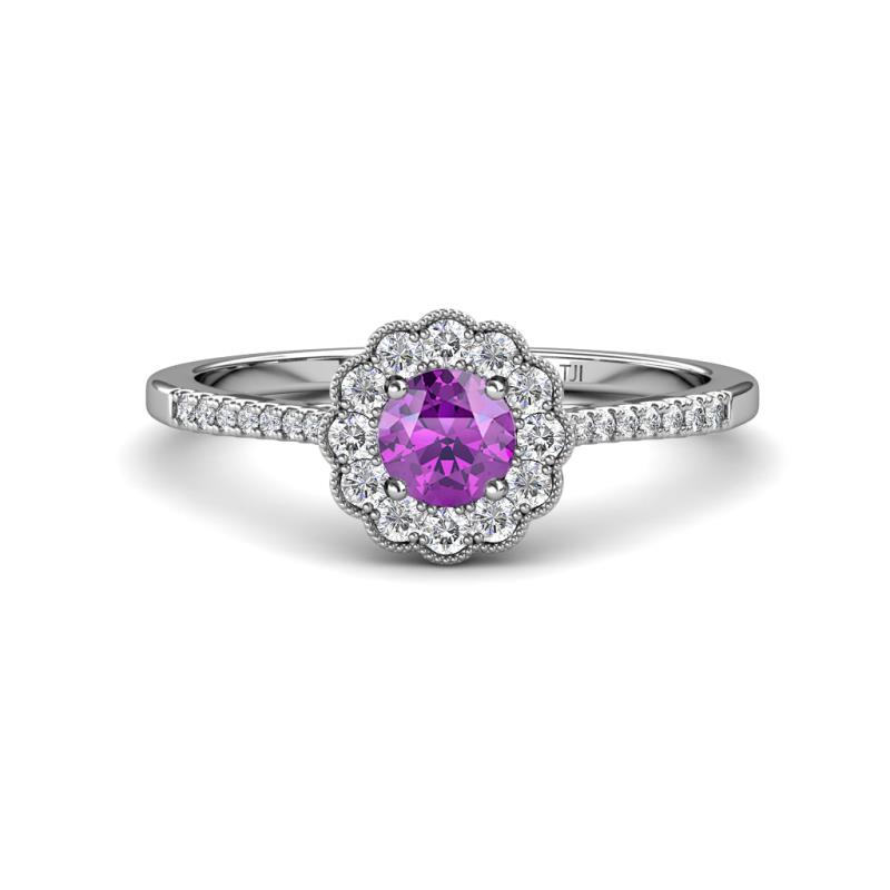 Caline Desire Round Amethyst and Diamond Floral Halo Engagement Ring 