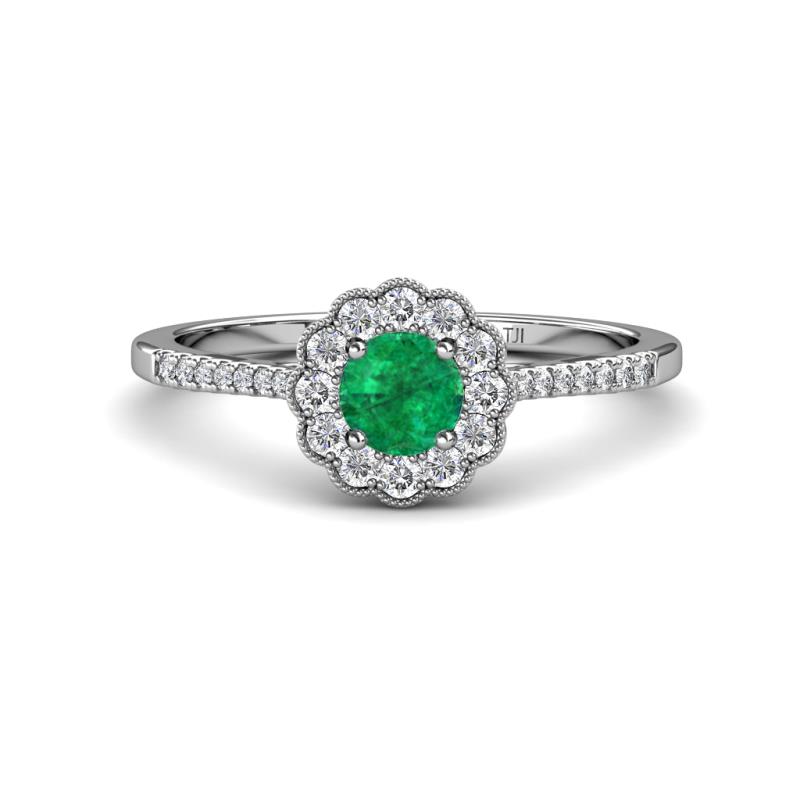 Caline Desire Round Emerald and Diamond Floral Halo Engagement Ring 