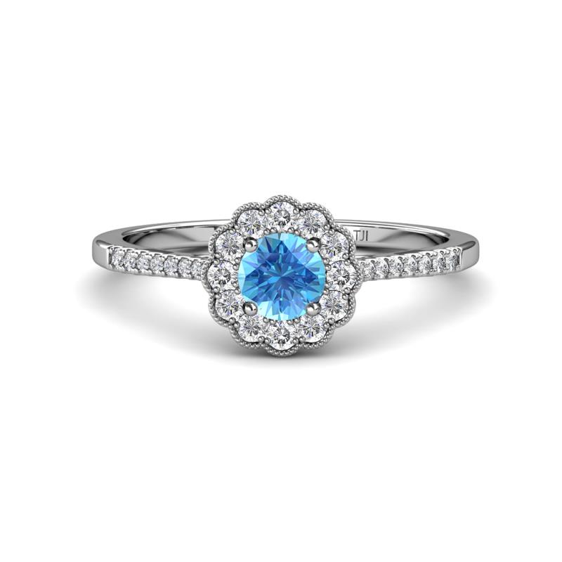Caline Desire Round Blue Topaz and Diamond Floral Halo Engagement Ring 