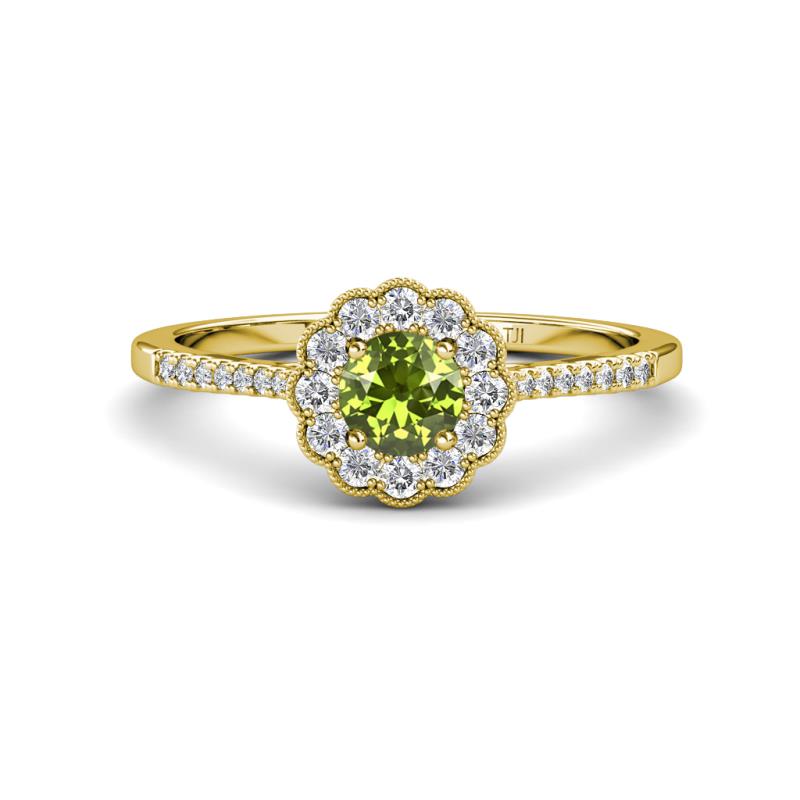 Caline Desire Round Peridot and Diamond Floral Halo Engagement Ring 