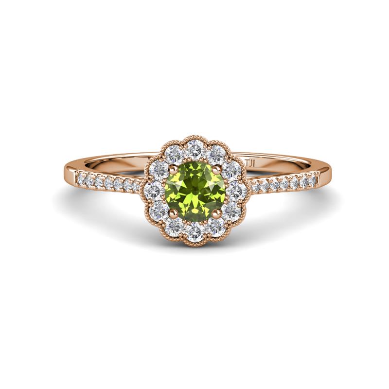 Caline Desire Round Peridot and Diamond Floral Halo Engagement Ring 