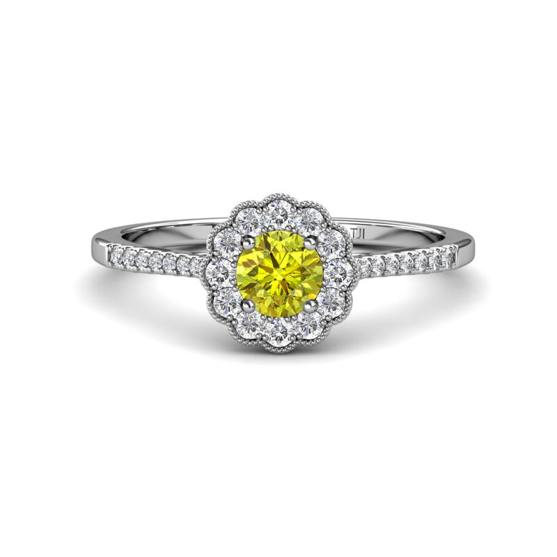 Caline Desire Round Yellow and White Diamond Floral Halo Engagement Ring 