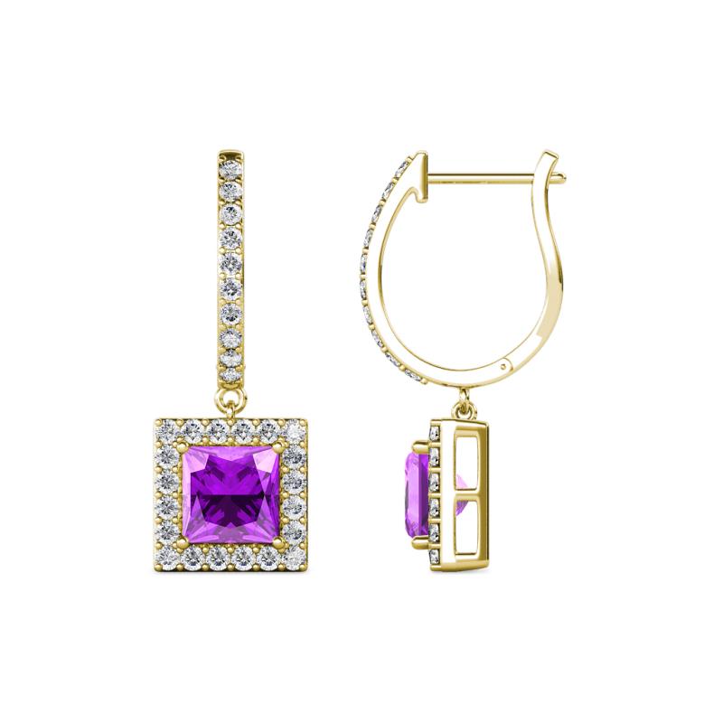 Ilona (5.5mm) Princess Cut Amethyst and Round Diamond Halo Dangling Earrings 