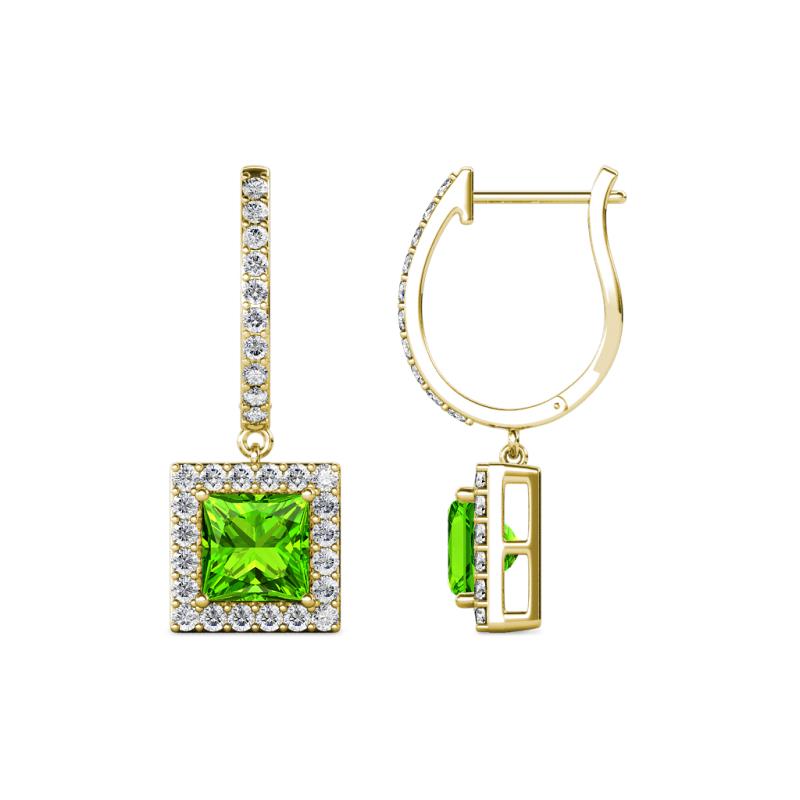 Ilona (5.5mm) Princess Cut Peridot and Round Diamond Halo Dangling Earrings 
