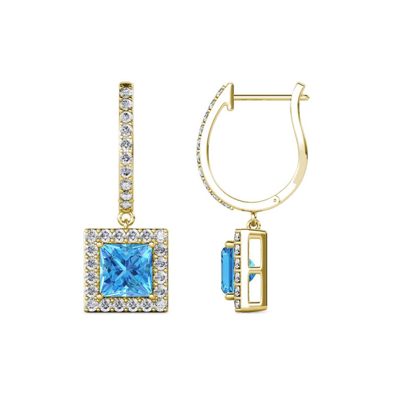 Ilona (5.5mm) Princess Cut Blue Topaz and Round Diamond Halo Dangling Earrings 