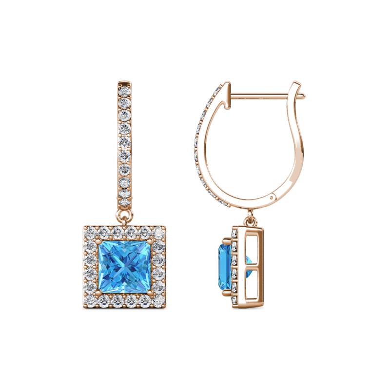 Ilona (5.5mm) Princess Cut Blue Topaz and Round Diamond Halo Dangling Earrings 