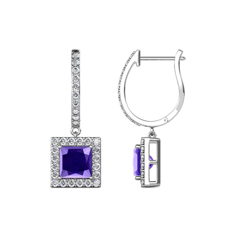 Ilona (5.5mm) Princess Cut Iolite and Round Diamond Halo Dangling Earrings 