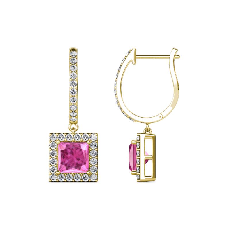 Ilona (5.5mm) Princess Cut Lab Created Pink Sapphire and Round Diamond Halo Dangling Earrings 