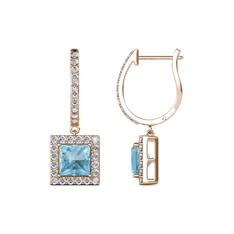Ilona (5.5mm) Princess Cut Aquamarine and Round Diamond Halo Dangling Earrings 