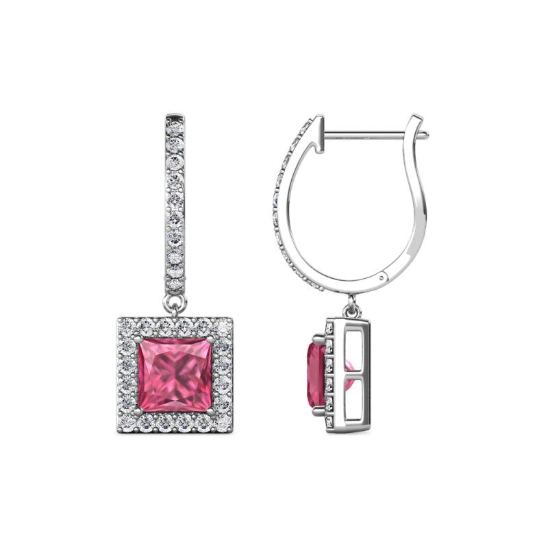 Ilona (5.5mm) Princess Cut Pink Tourmaline and Round Diamond Halo Dangling Earrings 
