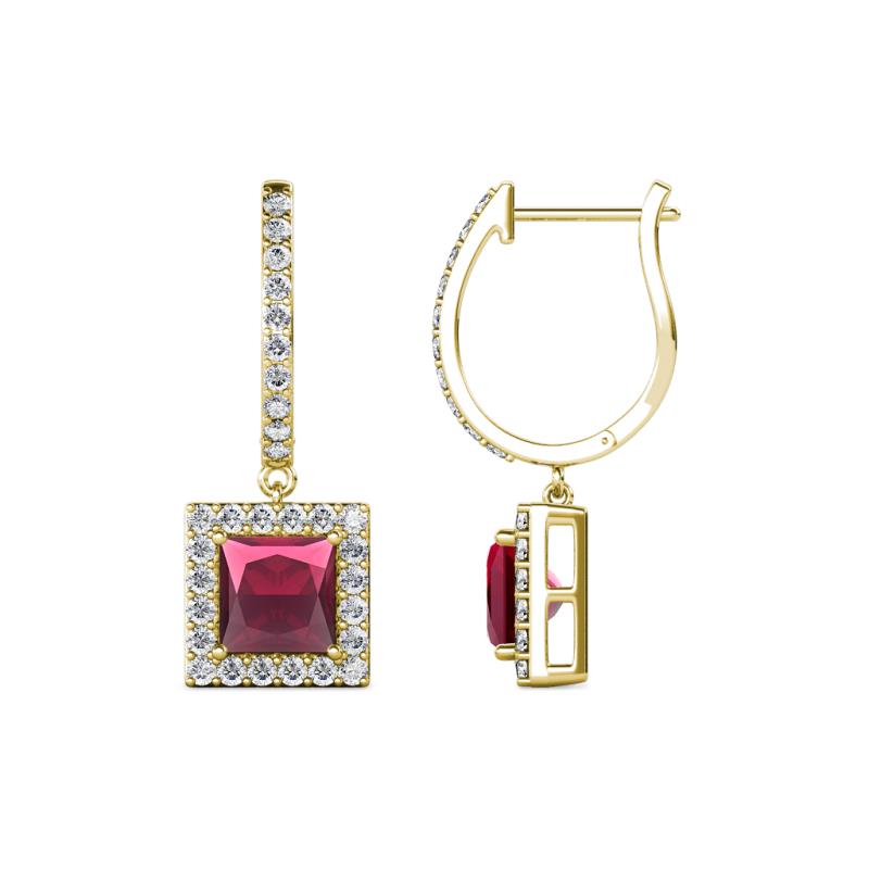 Ilona (5.5mm) Princess Cut Rhodolite Garnet and Round Diamond Halo Dangling Earrings 