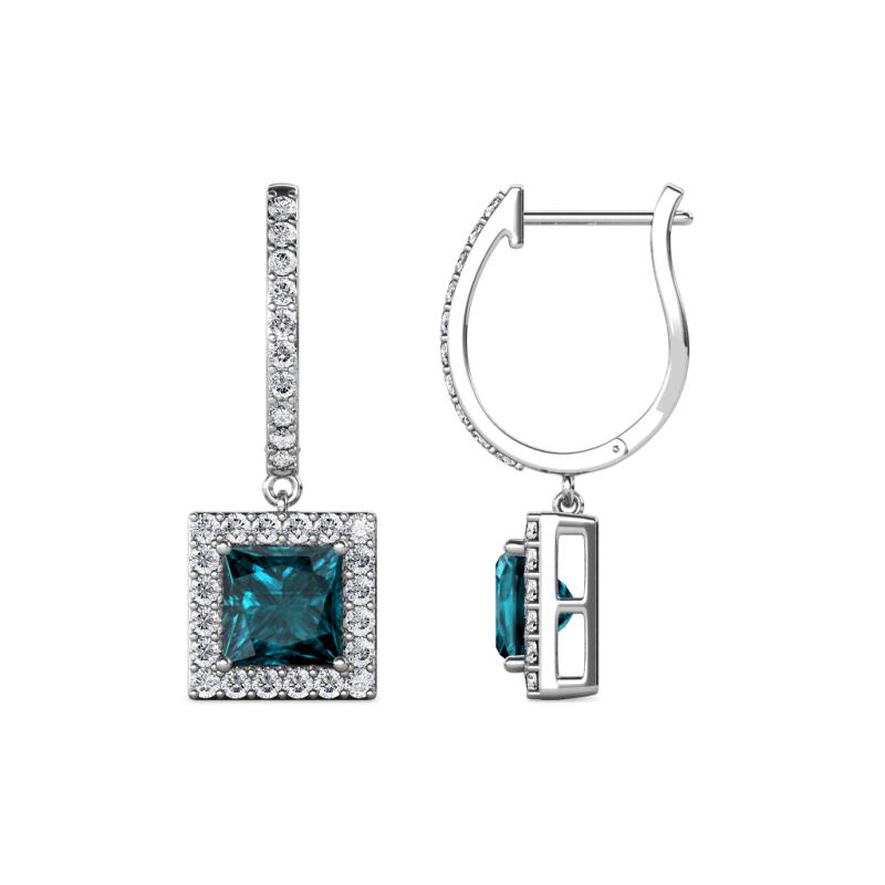 Ilona (5.5mm) Princess Cut London Blue Topaz and Round Diamond Halo Dangling Earrings 