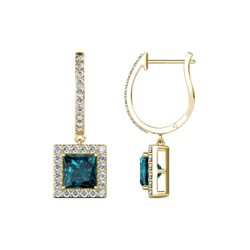 Ilona (5.5mm) Princess Cut London Blue Topaz and Round Diamond Halo Dangling Earrings 