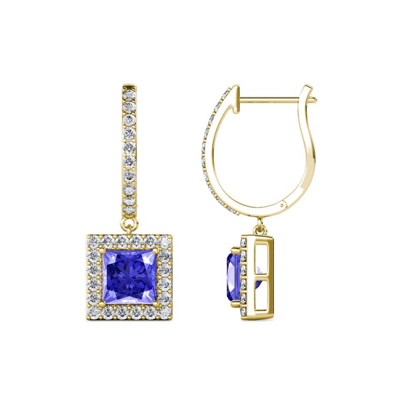 Ilona (5.5mm) Princess Cut Tanzanite and Round Diamond Halo Dangling Earrings 