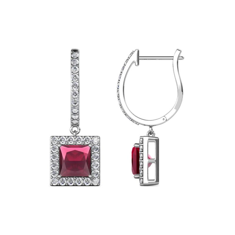 Ilona (5.5mm) Princess Cut Rhodolite Garnet and Round Diamond Halo Dangling Earrings 