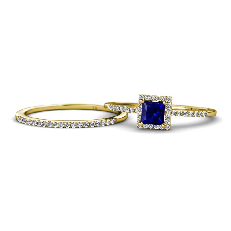 Junia 5.50 mm Princess Cut Lab Created Blue Sapphire and Round Diamond Bridal Set Ring 