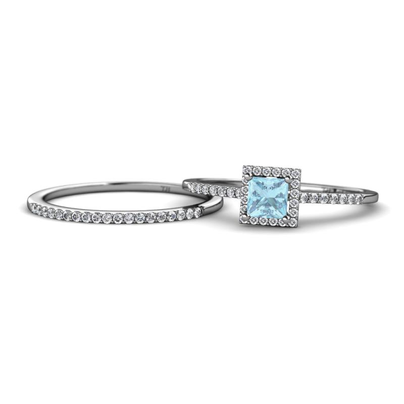 Junia 5.50 mm Princess Cut Aquamarine and Round Diamond Bridal Set Ring 