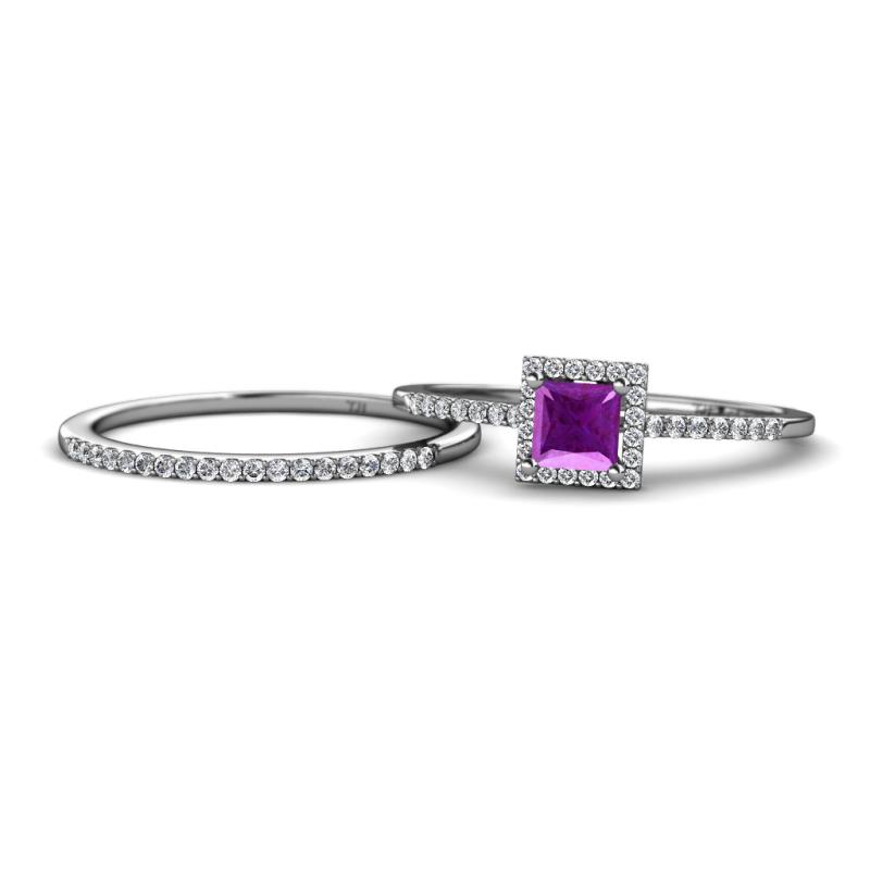 Junia 5.50 mm Princess Cut Amethyst and Round Diamond Bridal Set Ring 