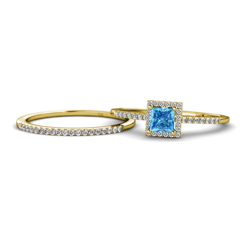 Junia 5.50 mm Princess Cut Blue Topaz and Round Diamond Bridal Set Ring 