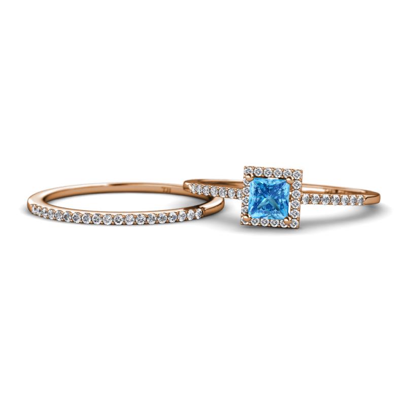 Junia 5.50 mm Princess Cut Blue Topaz and Round Diamond Bridal Set Ring 